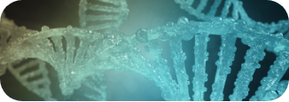 Five strands of pale bluish-green DNA crisscross a black background.